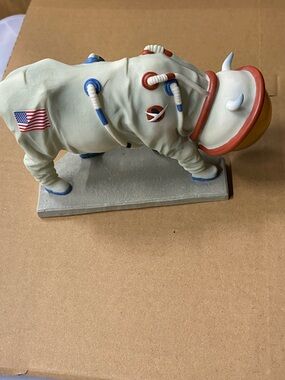 Space Helmet Cow Figurine in Cream with Red and Blue Accents
